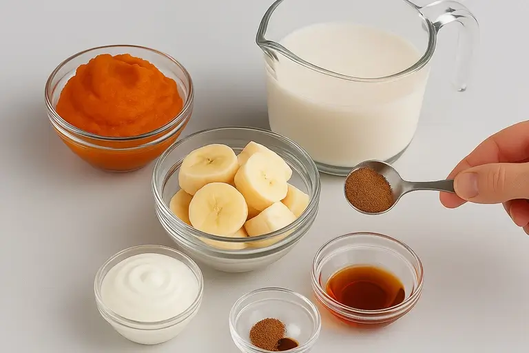  Flat lay of pumpkin puree, banana, spices, and milk