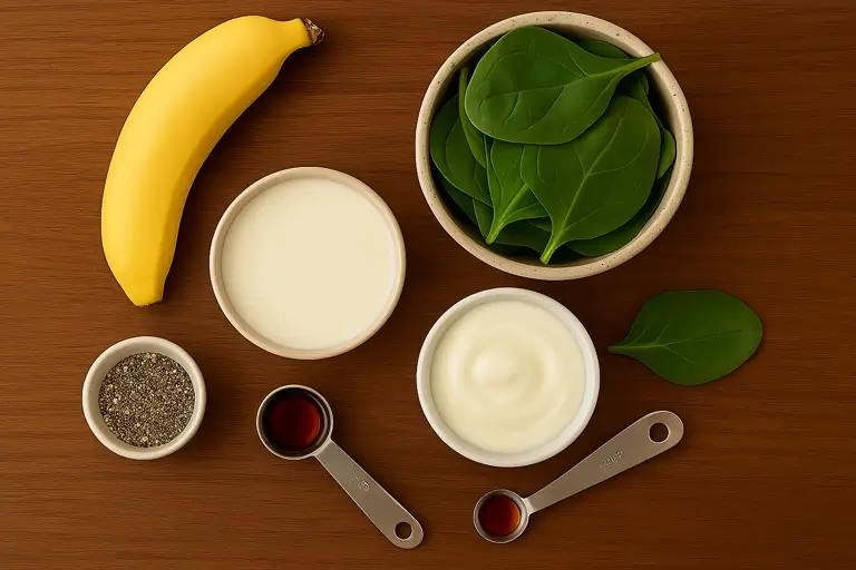  Fresh spinach leaves, banana, almond milk, chia seeds, and yogurt arranged on a counter