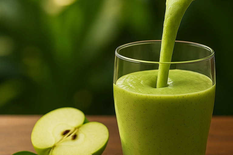 Green apple moothie being poured into a glass
