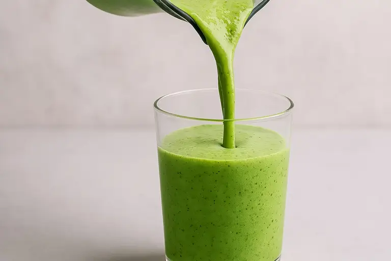 Green tea smoothie being poured into a glass