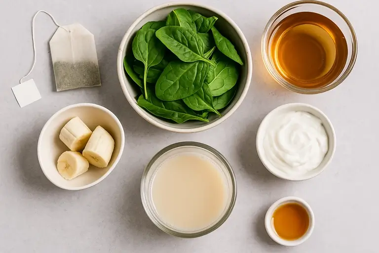 Ingredients for green tea smoothie on counter.webp
