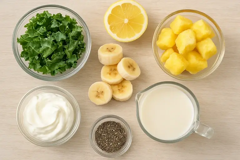 Kale smoothie ingredients - kale, banana, yogurt, and chia seeds