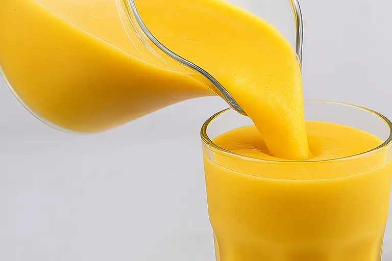 Mango pineapple smoothie pouring into a glass