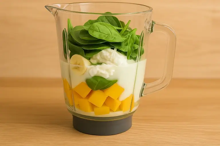 Blending mango, spinach, and banana in high-speed blender