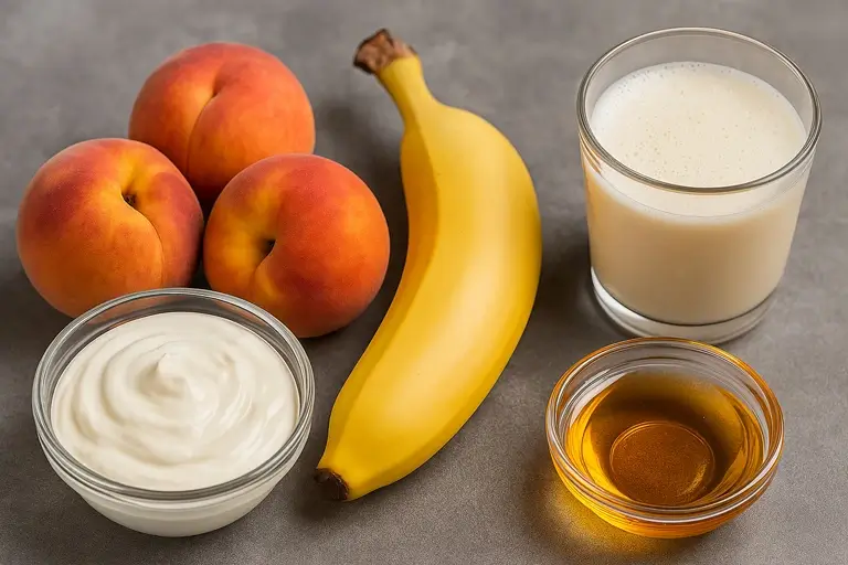 Peach smoothie ingredients including banana, yogurt, and almond milk