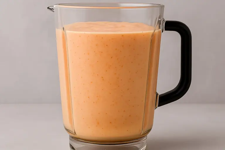 Peach smoothie mixture blending in a glass blender