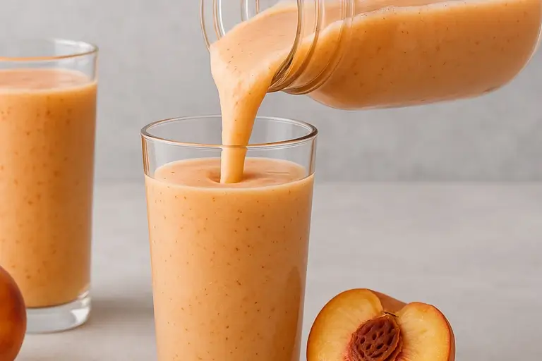 Pouring peach smoothie into a glass 