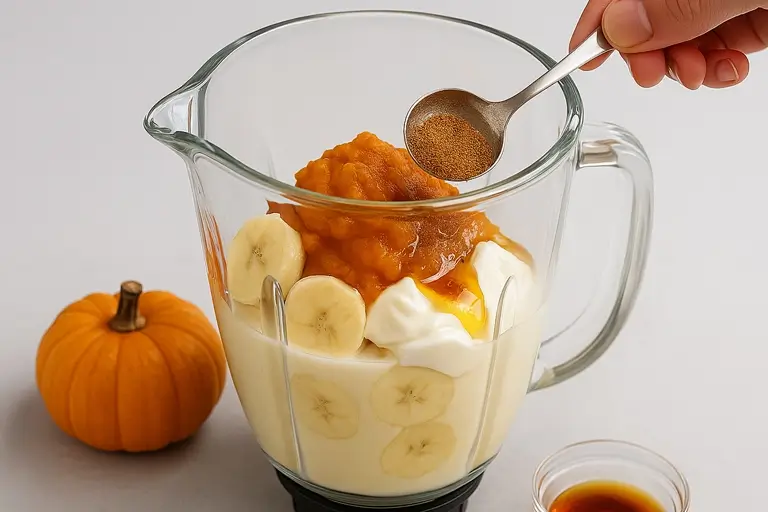 Pumpkin smoothie ingredients inside a blender