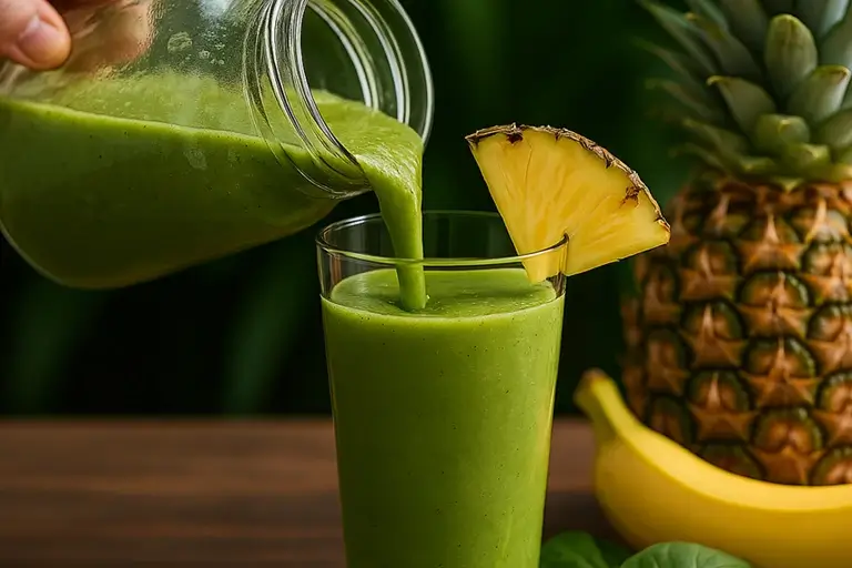 Smoothie being poured into a clear glass