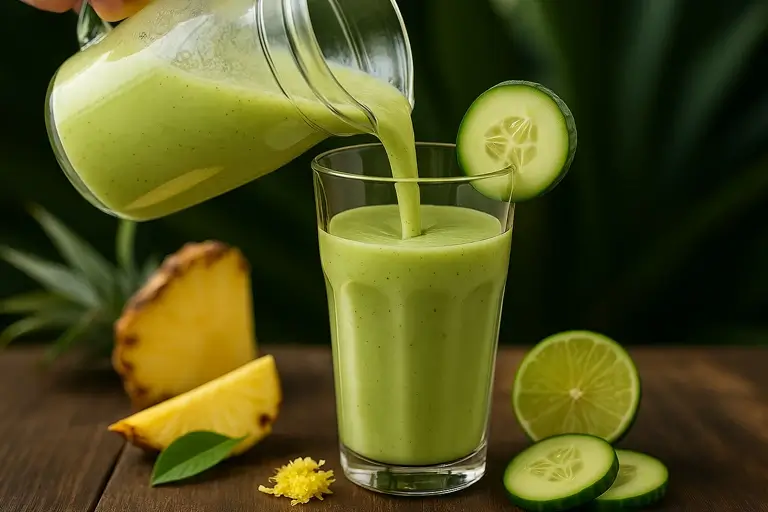 Smoothie being poured into a tall glass
