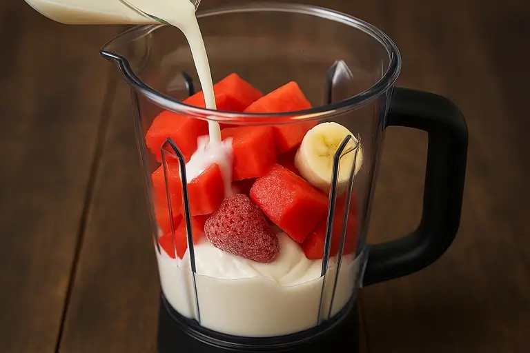Blender mixing watermelon smoothie ingredients for creamy texture