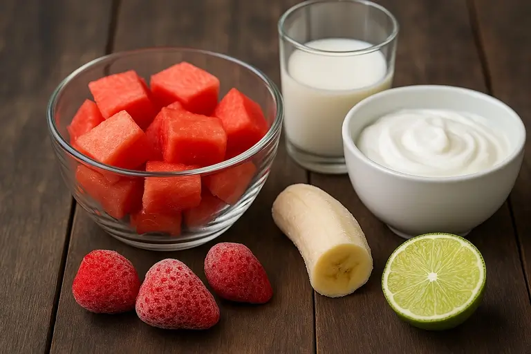 Watermelon smoothie ingredients: chopped watermelon, banana, strawberries, yogurt, lime