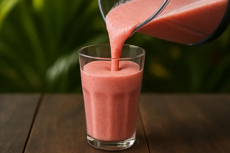Watermelon smoothie being poured into glass