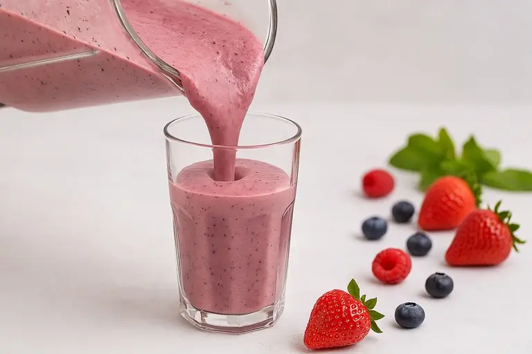 Pouring berry smoothie into a glass