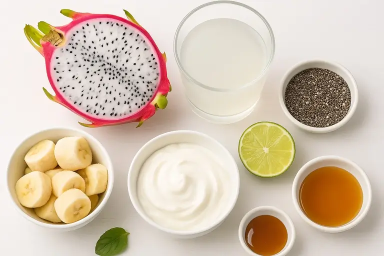 dragon fruit, banana, coconut water, yogurt, and lime for smoothie