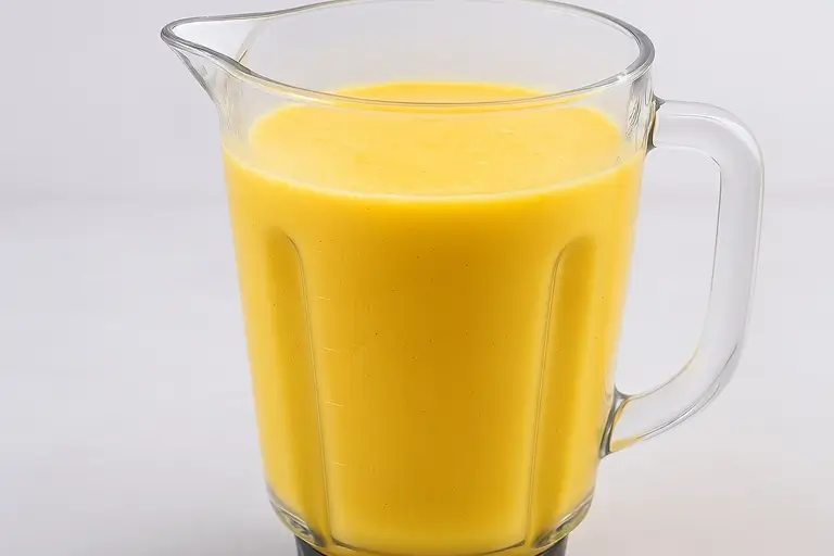 Mango pineapple smoothie ingredients being blended in a high-speed blender