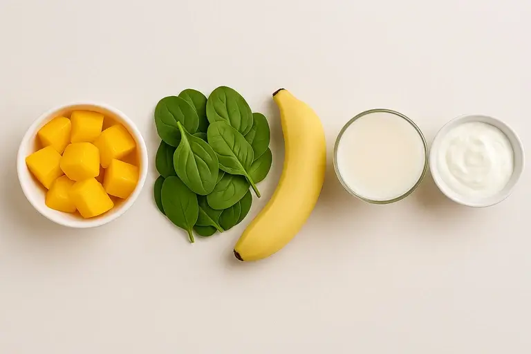 mango, spinach, banana, and other smoothie ingredients on table.webp