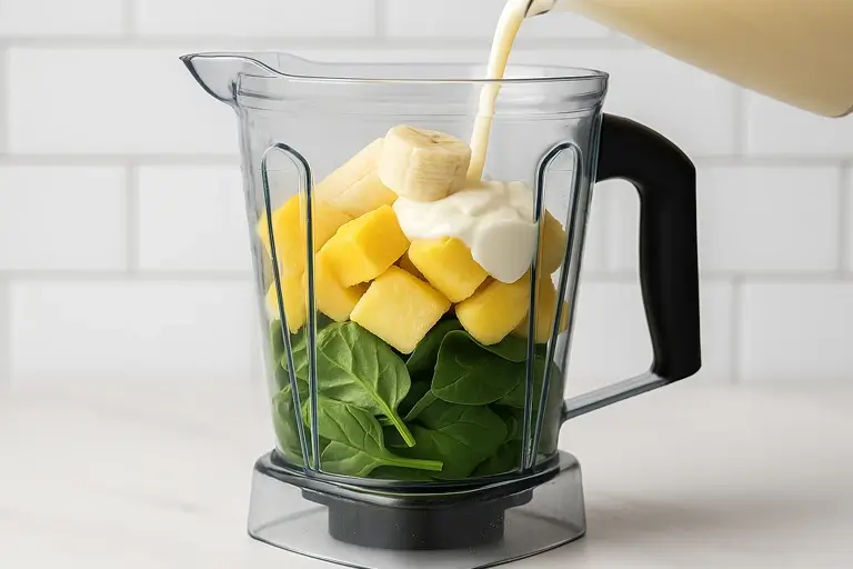 Blender with spinach and fruits ready to blend