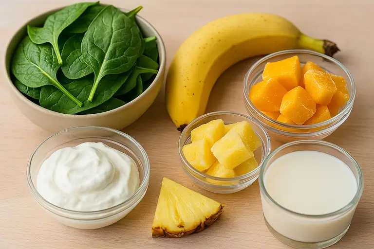 Spinach, banana, mango, pineapple, and other ingredients on table