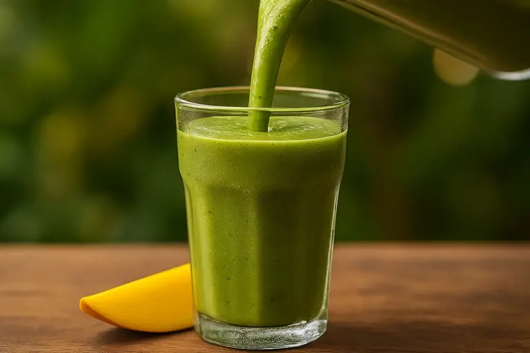 Pouring spinach smoothie into glass