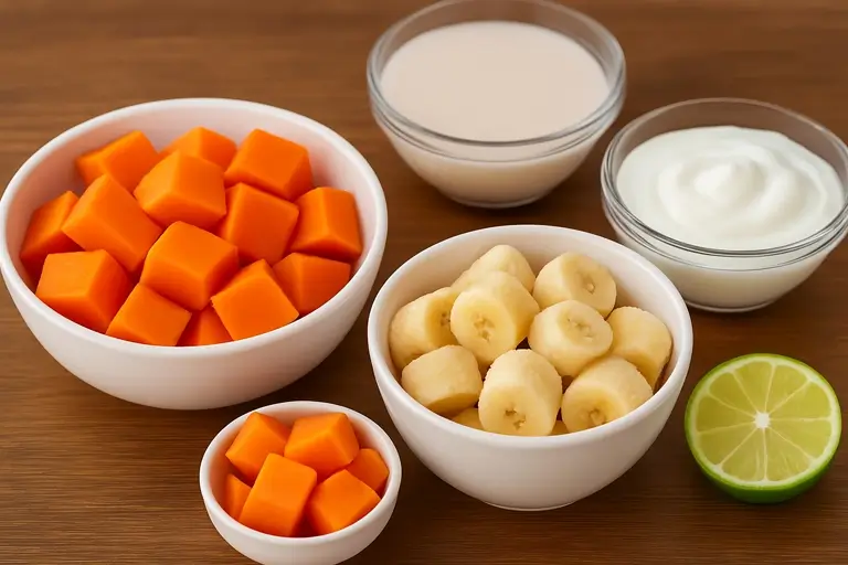 Ingredients Flat lay of papaya, banana, yogurt, almond milk, and lime