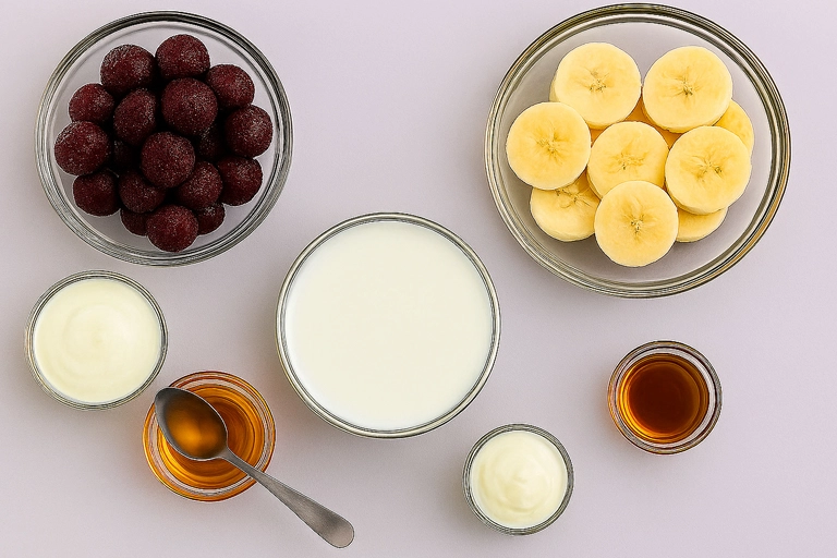 Ingredients - cherries, banana, yogurt, and almond milk.