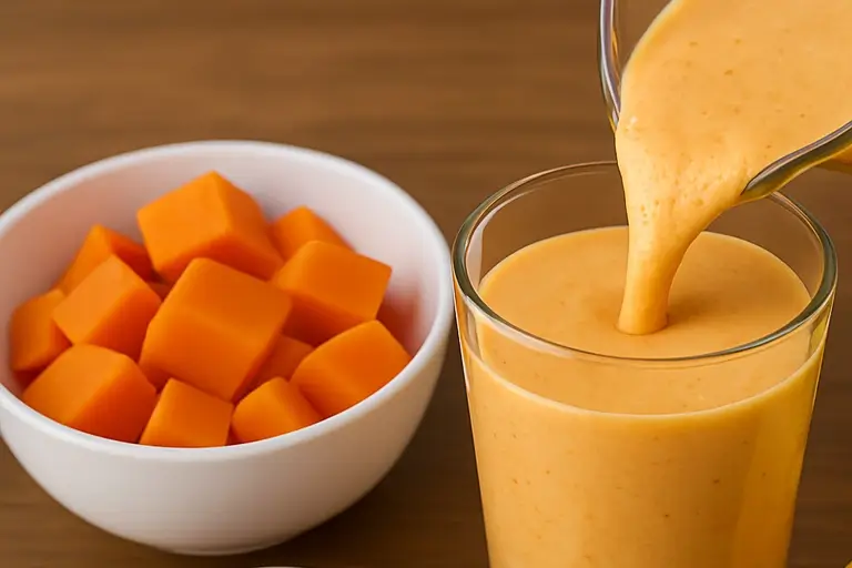 Papaya Smoothie pouring into a tall glass