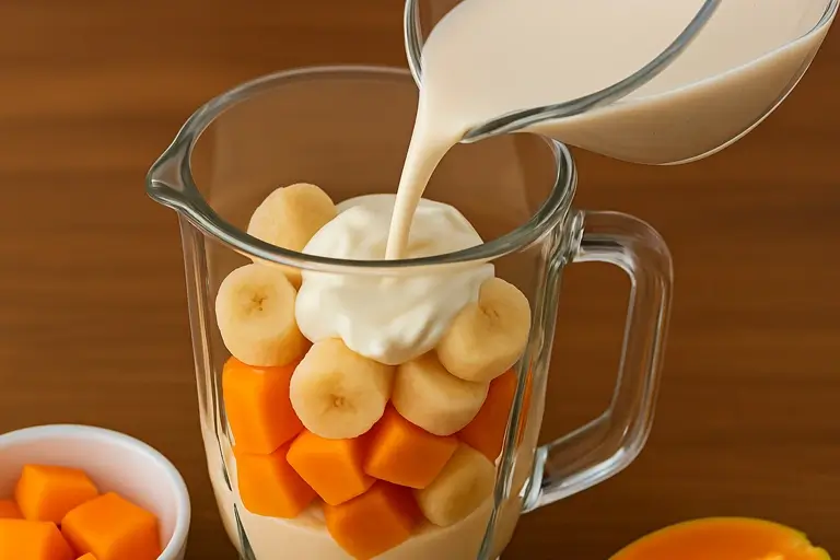 Papaya smoothie ingredients in the blending jar