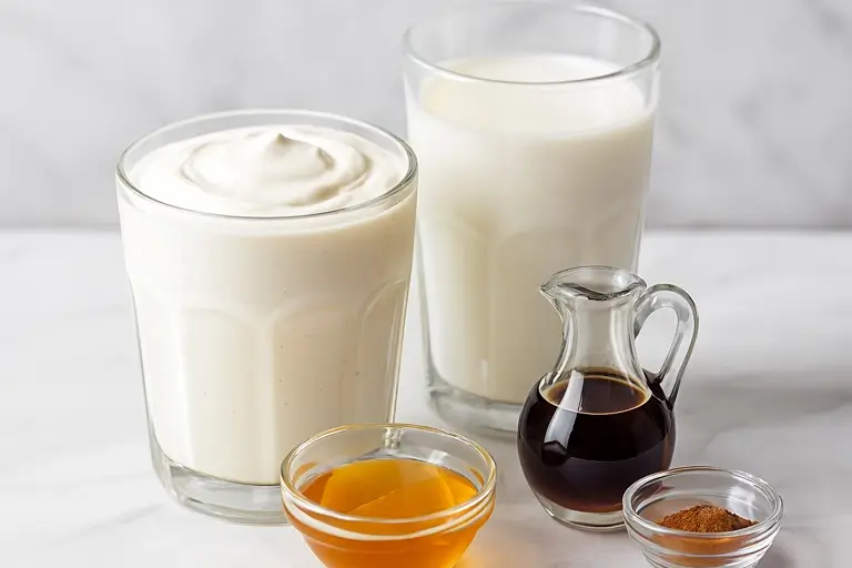 Yogurt smoothie ingredients Greek yogurt, milk, honey, and cinnamon on a counter