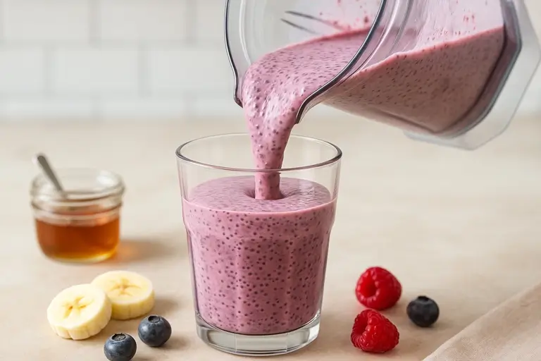 pouring chia smoothie – easy high fiber breakfast drink