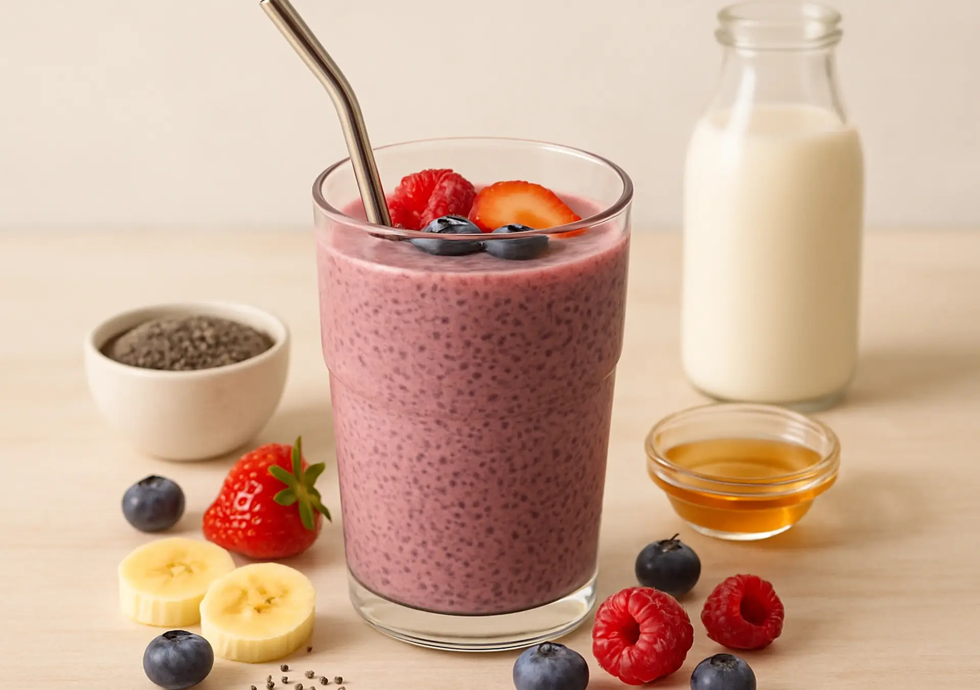 Chia seed smoothie topped with fruit and honey – protein-rich breakfast