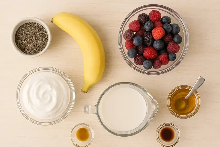Chia seed smoothie ingredients – banana, yogurt, berries, and almond milk