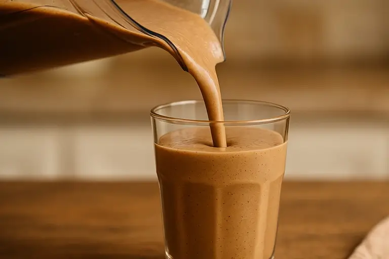 Smooth coffee smoothie being poured into a clear glass