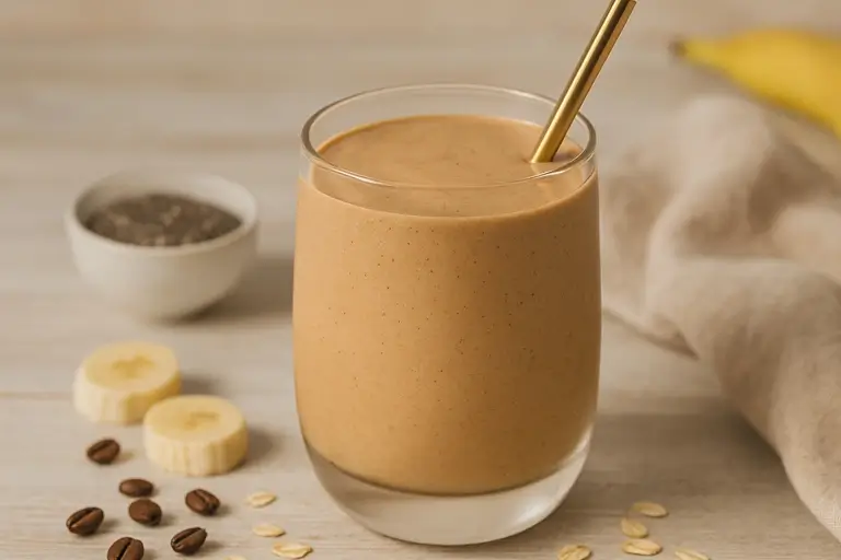 Healthy coffee smoothie with banana and peanut butter