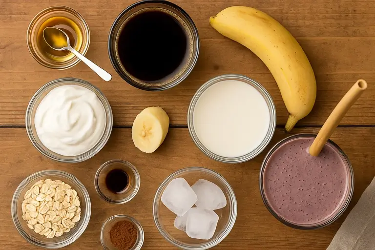 Coffee smoothie ingredients – banana, yogurt, oats, milk, and cold brew