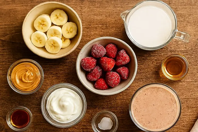 Ingredients for strawberry peanut butter smoothie