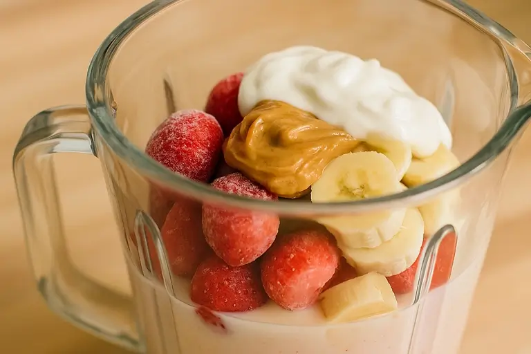 Blending strawberry peanut butter smoothie