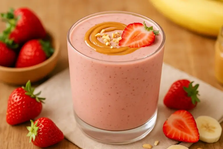 Strawberry peanut butter smoothie with peanut butter swirl on top