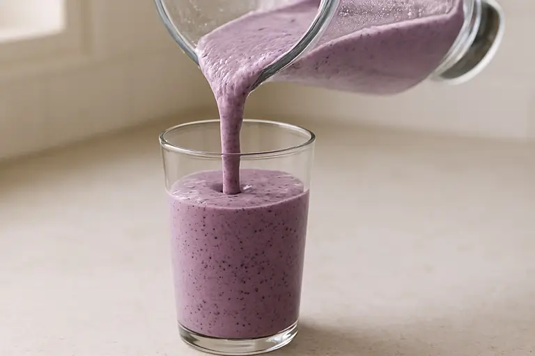 Blueberry banana smoothie pouring into the glass
