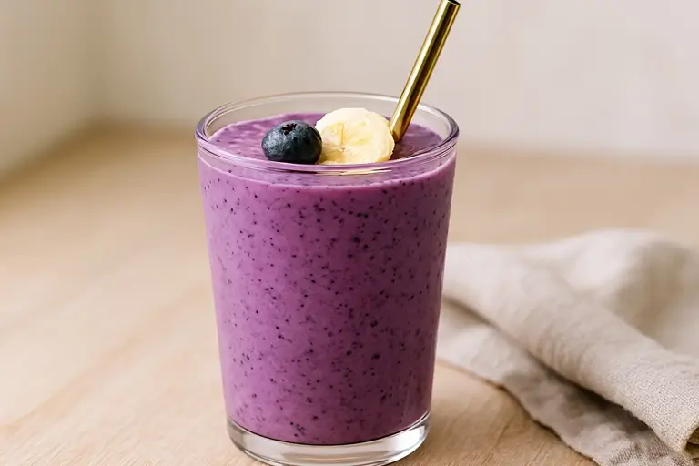 Blueberry banana smoothie serving inthe glass