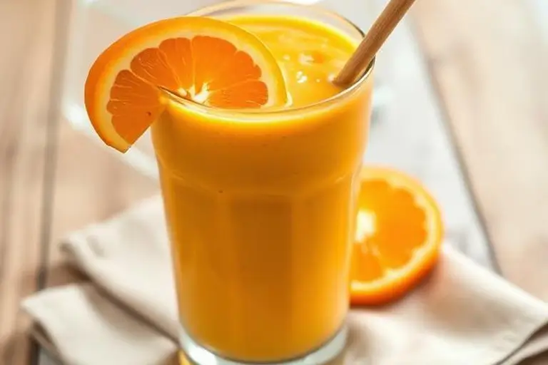 Finished orange smoothie garnished with orange slice