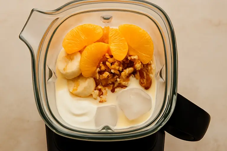 Orange smoothie ingredients blending in a blender