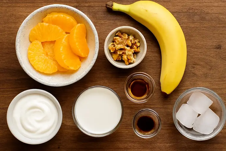 Oranges, banana, walnuts, yogurt, and milk on a wooden table