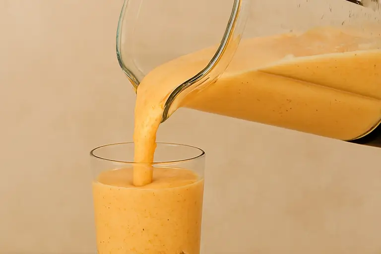 Smooth orange walnut smoothie being poured into a glass