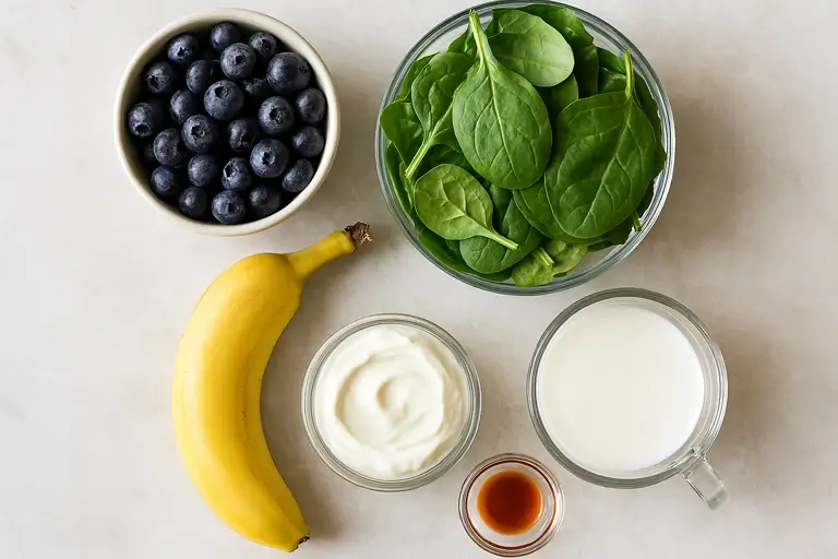 Blueberries, spinach, banana, yogurt, and milk on counter