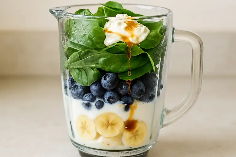 Blueberry spinach smoothie ingredients blending in blender