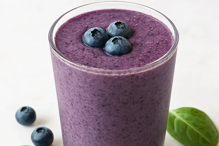 Finished blueberry spinach smoothie ready to drink