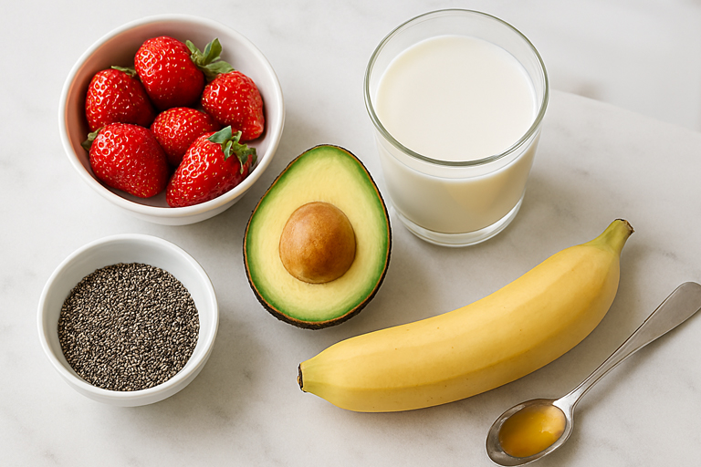 Fresh strawberries, avocado, banana, and almond milk