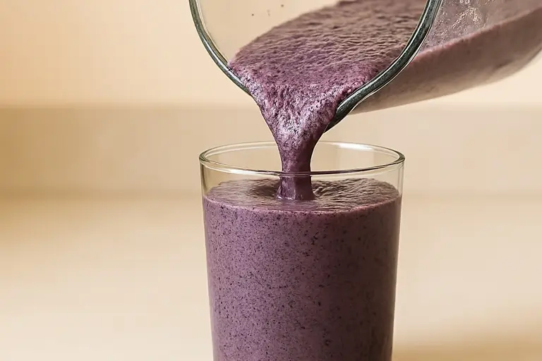 Smooth berry-colored smoothie being poured into glass