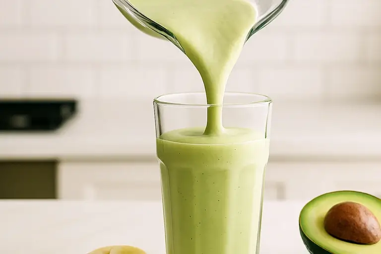 Smooth pale-green smoothie being poured into glass